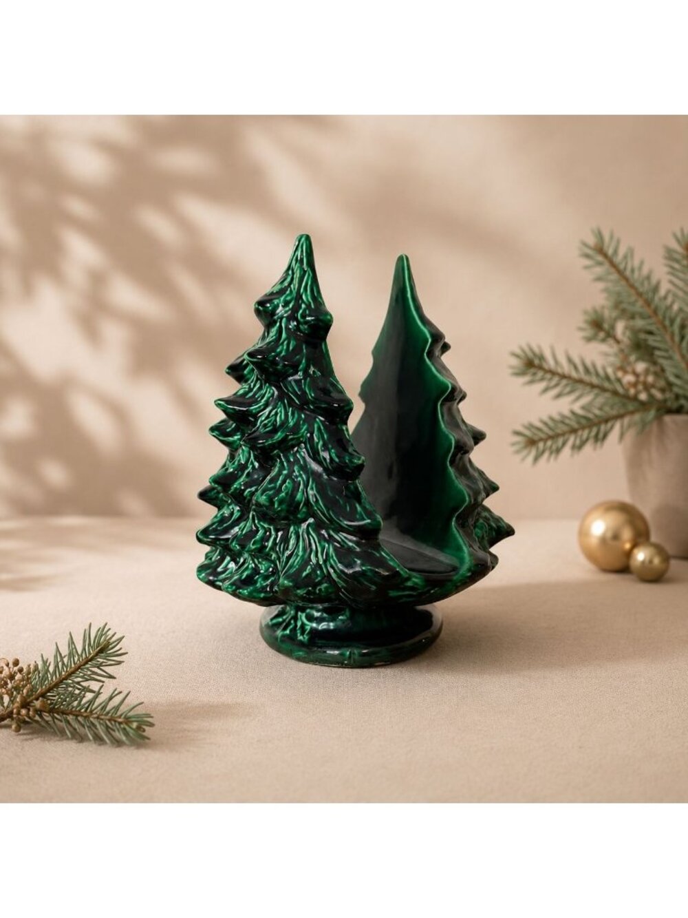 Vintage Christmas Tree Napkin Holder Ceramic Mail Organizer Green Holiday Decor